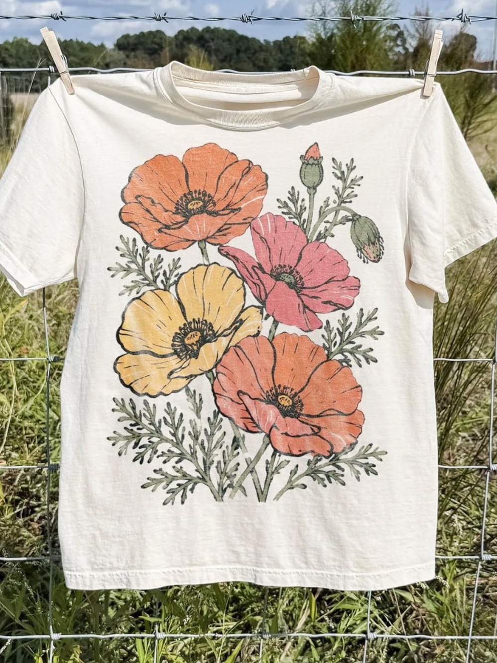 Off White Tee with Orange, Pink & Yellow Poppy Graphic